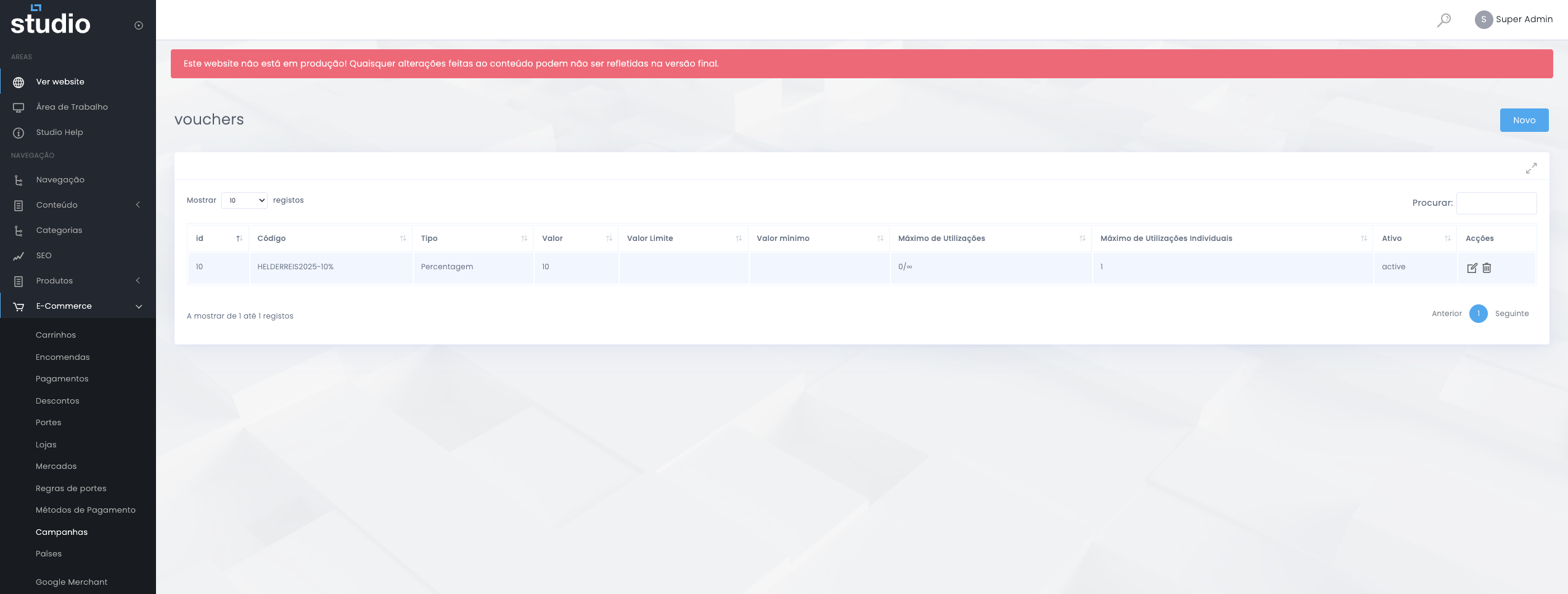Vouchers associados a uma campanha no E-commerce do Studio CMS